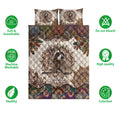 Raccoon quilt bedding displayed with detailed animal artwork, colorful mandala motifs, and product feature icons