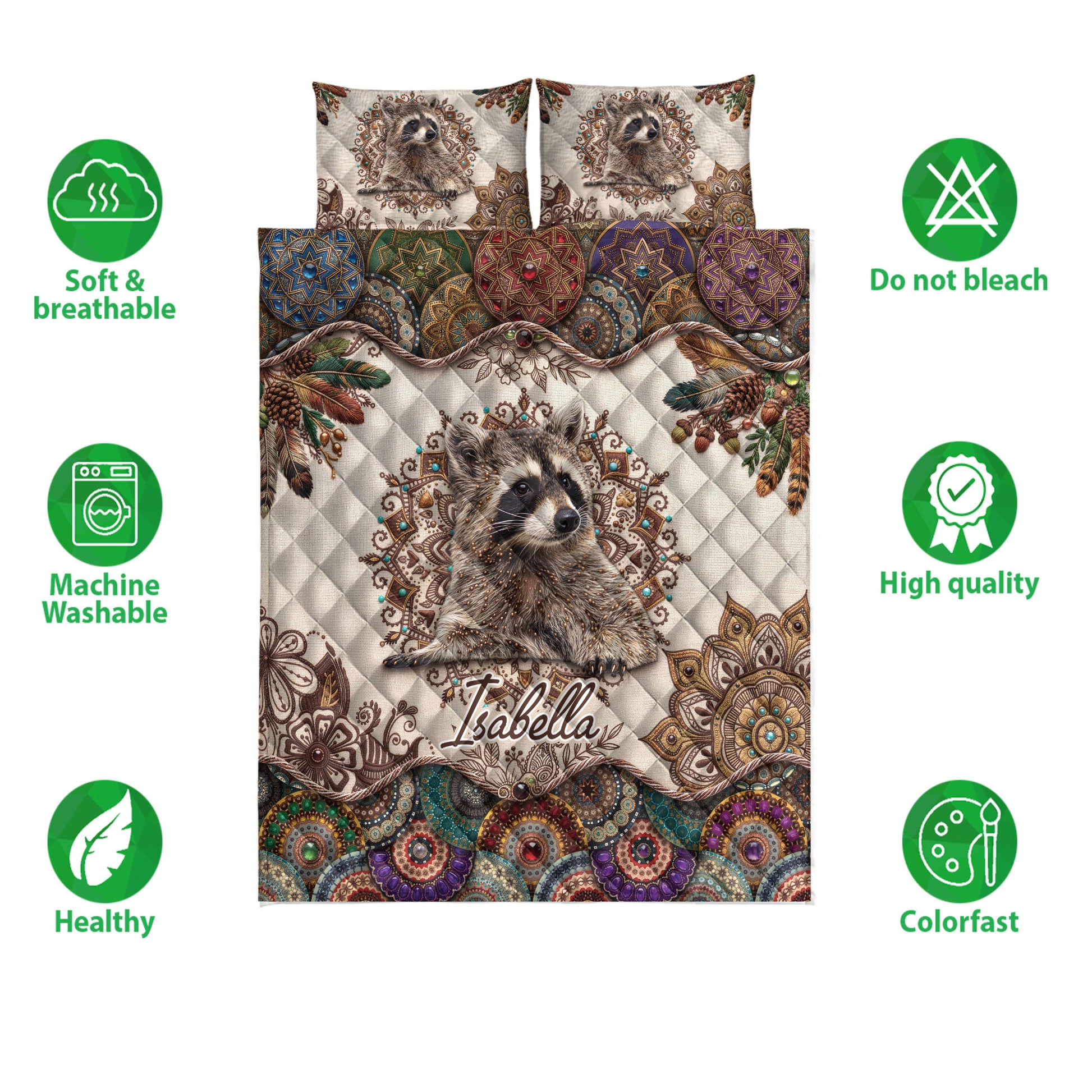 Raccoon quilt bedding displayed with detailed animal artwork, colorful mandala motifs, and product feature icons