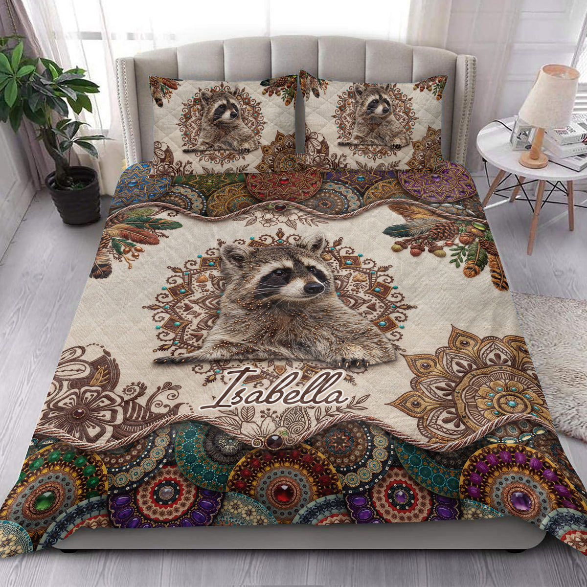 Raccoon quilt bedding styled in a bright bedroom with a large woodland animal design and vibrant mandala border