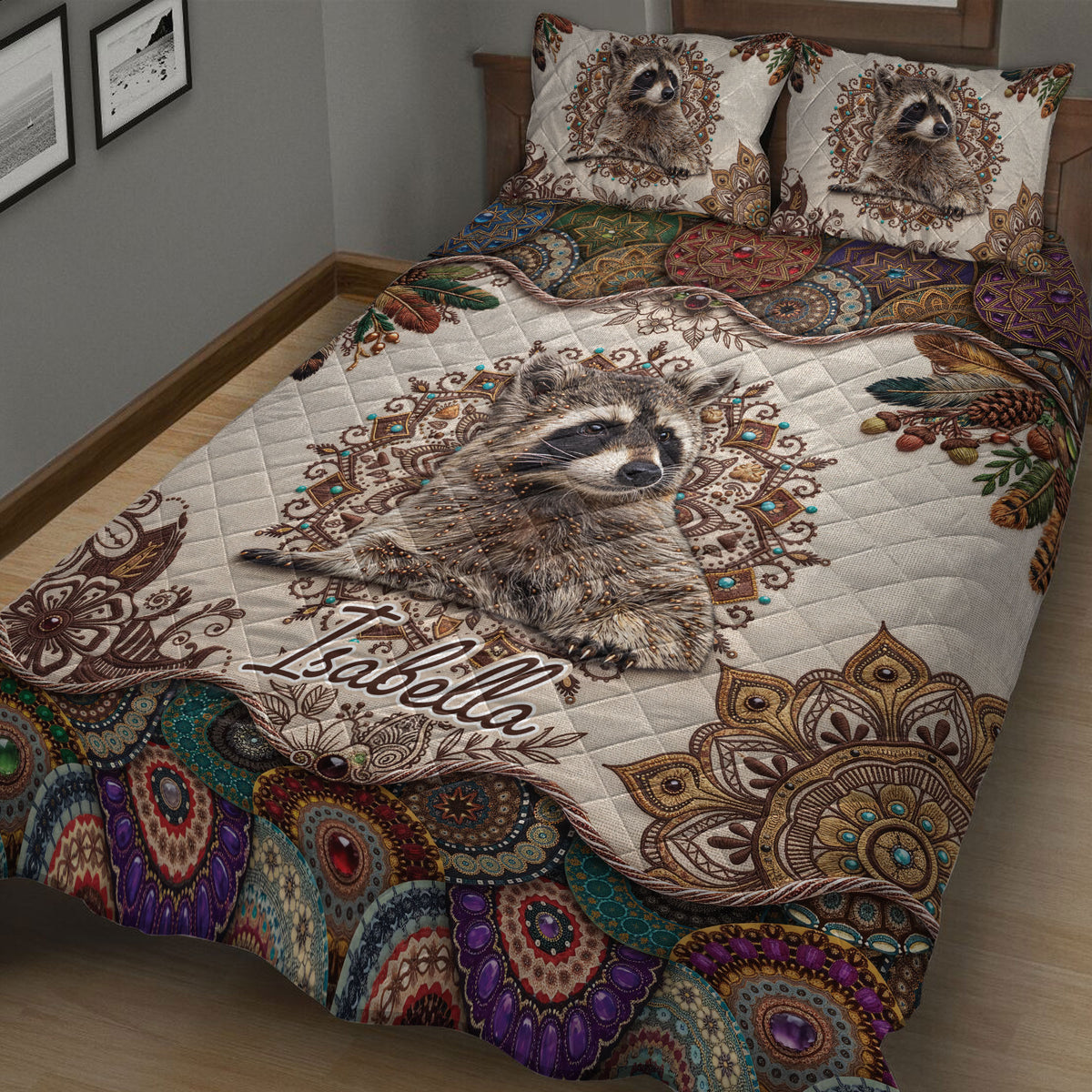 Close bedroom view of a raccoon quilt blanket featuring detailed animal artwork and jewel-toned decorative patterns