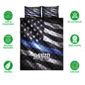 Police quilt bedding set with thin blue line flag artwork shown with soft and breathable care icons