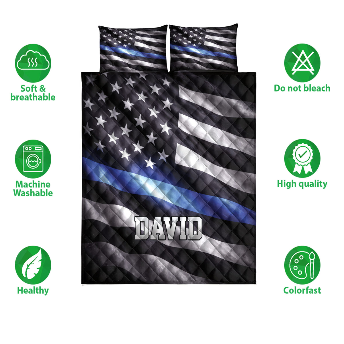 Police quilt bedding set with thin blue line flag artwork shown with soft and breathable care icons