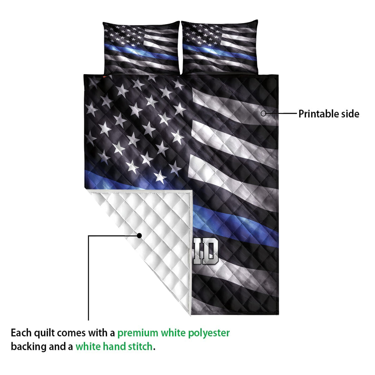 Police quilt blanket detail showing the printed flag design and white quilted backing