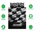 Racing quilt bedding set with bold black and white checkered pattern shown front-facing