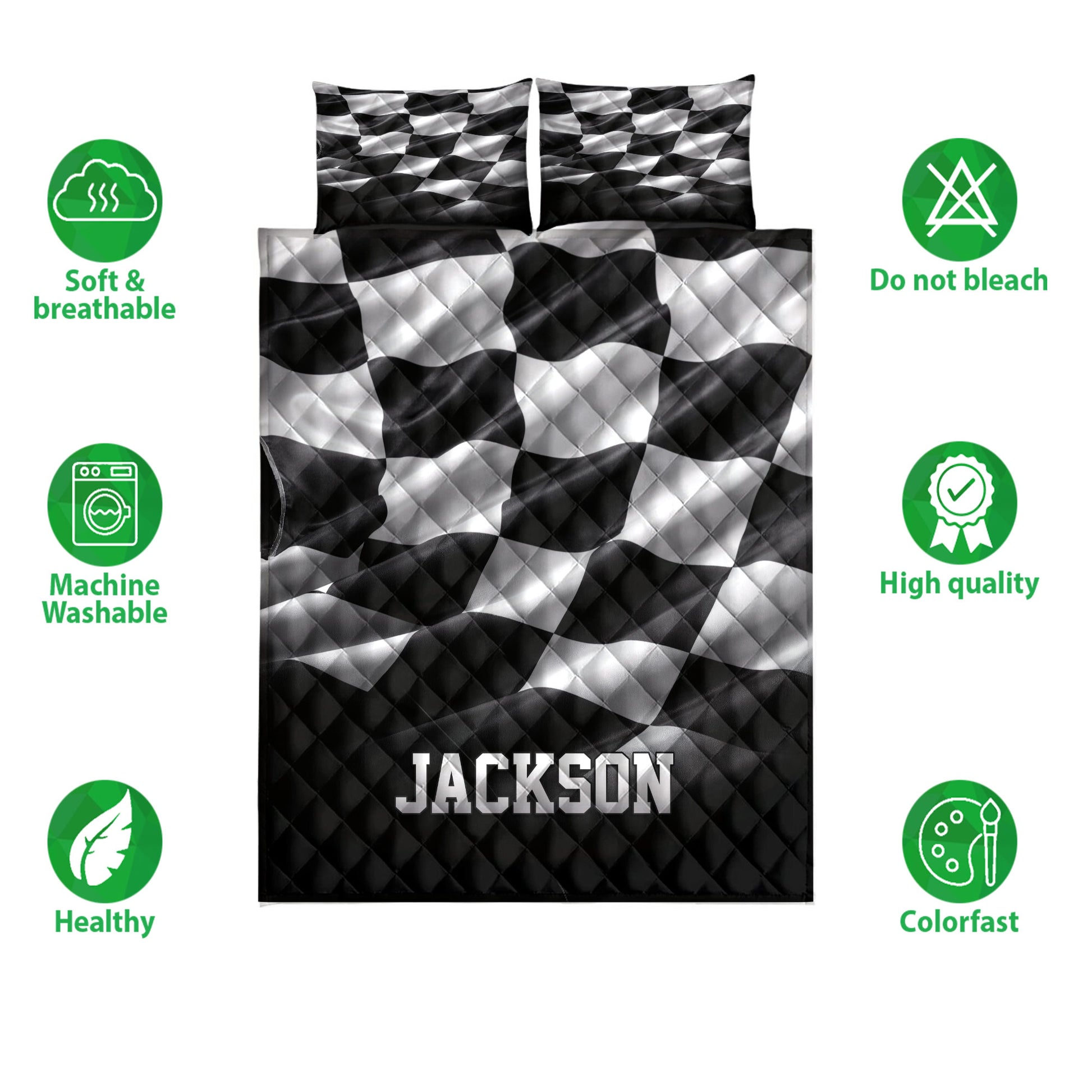 Racing quilt bedding set with bold black and white checkered pattern shown front-facing