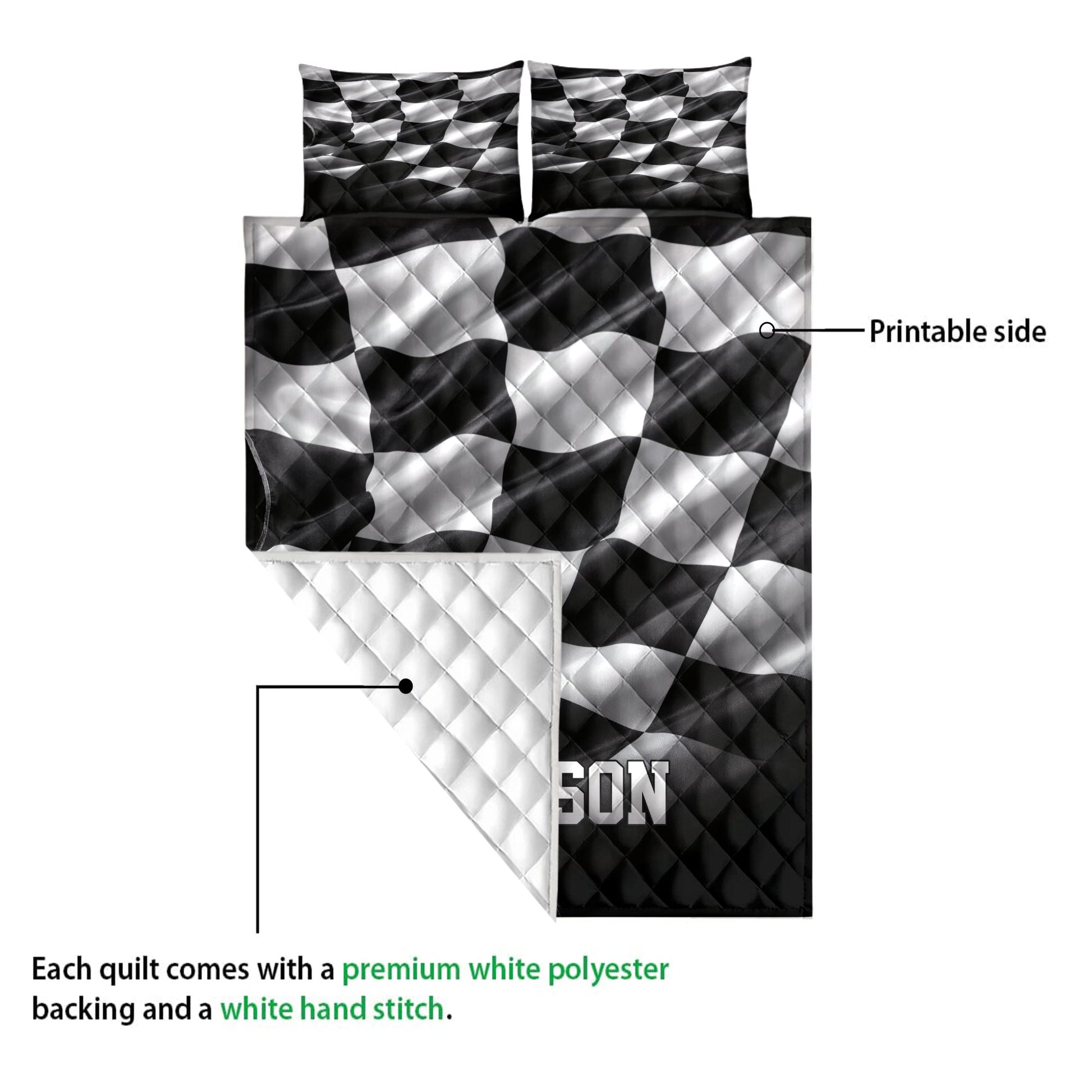 Checkered racing quilt showing the printable side and white quilted backing detail