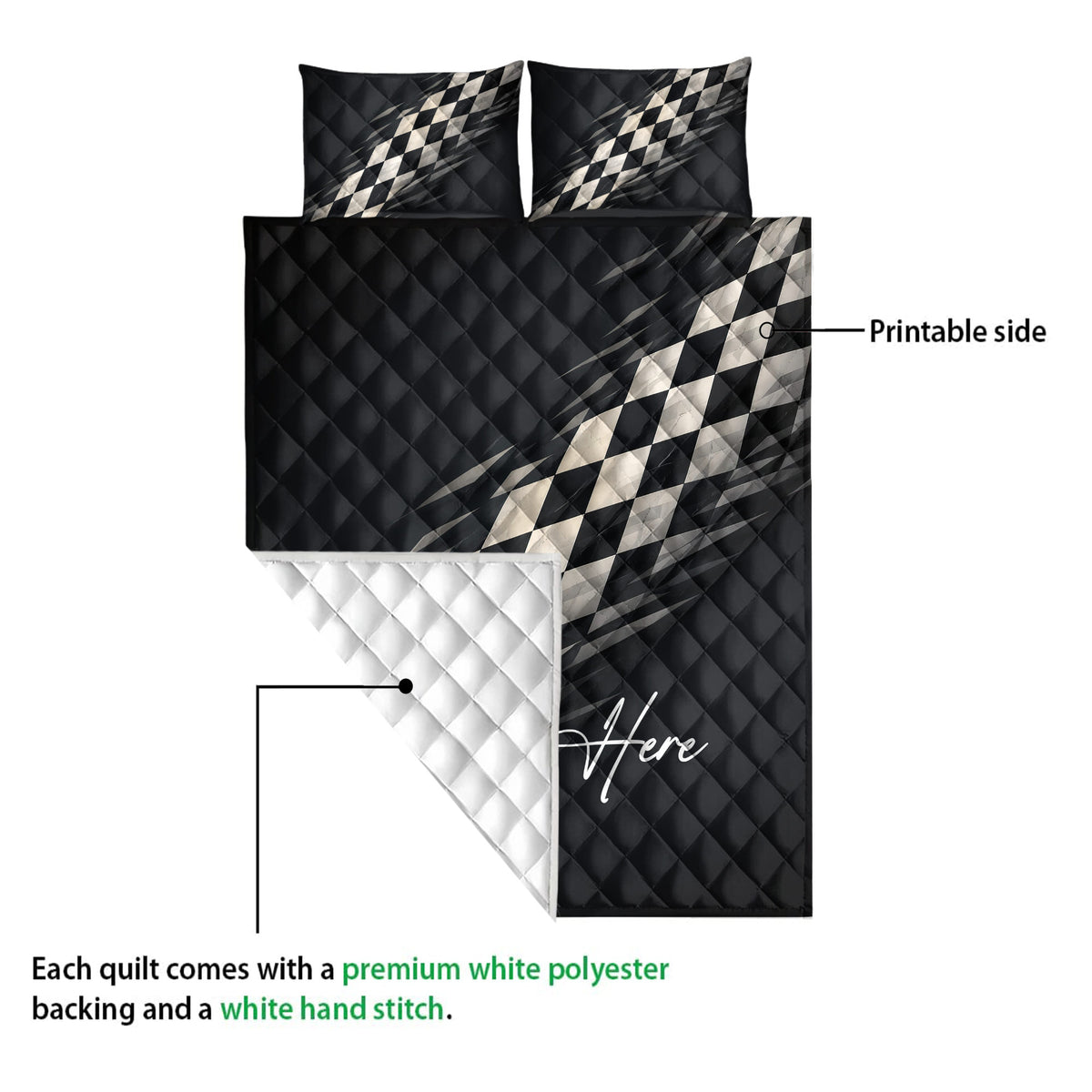 Racing quilt blanket showing the printed checkered flag side and quilted reverse backing