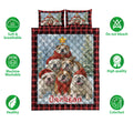 English Bulldog Christmas quilt bedding set displayed with red plaid trim, winter artwork, and product feature icons