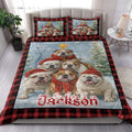 English Bulldog Christmas quilt blanket presented in a bright bedroom with festive bulldog and winter artwork