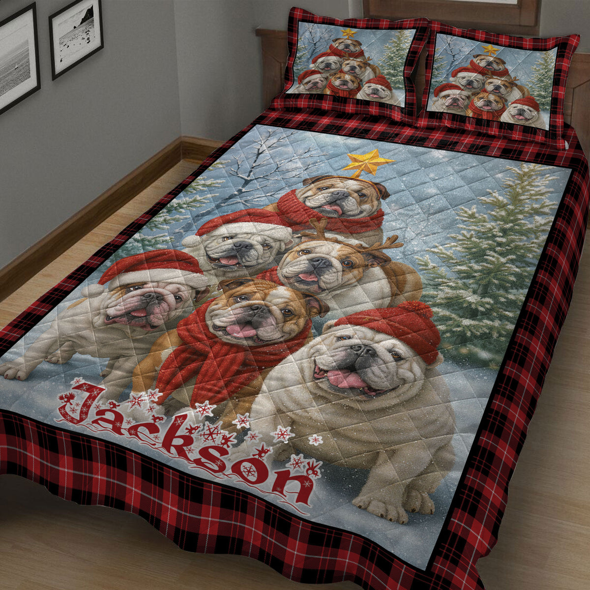 Close bedroom view of an English Bulldog Christmas quilt with red scarves, Santa hats, snowy trees, and plaid trim