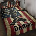 Baseball quilt blanket displayed on a bed with patriotic stars and stripes, player artwork, and bold sports styling