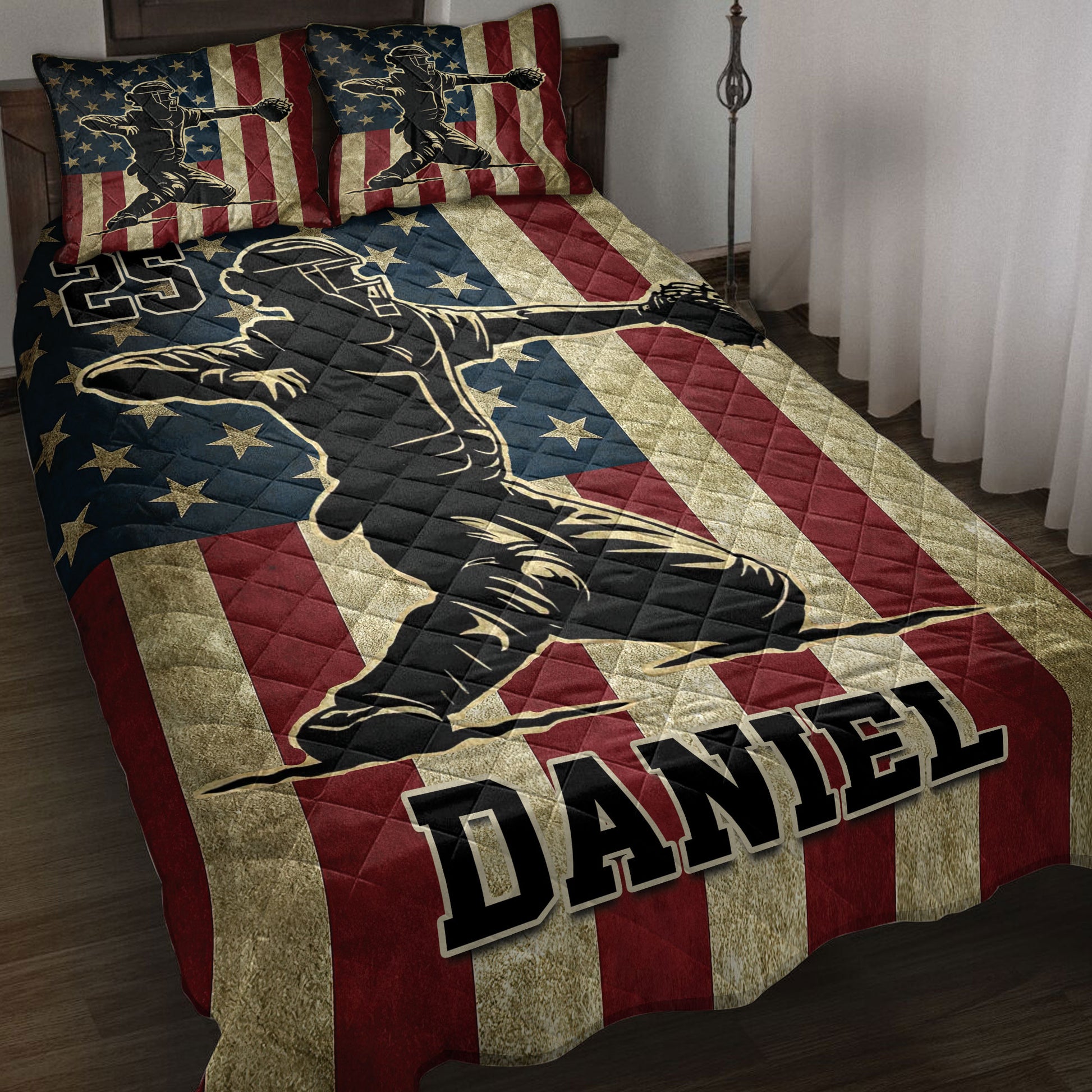 Baseball quilt blanket displayed on a bed with patriotic stars and stripes, player artwork, and bold sports styling