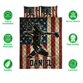 Patriotic baseball quilt bedding set with player artwork, star and stripe background, and coordinated pillow covers