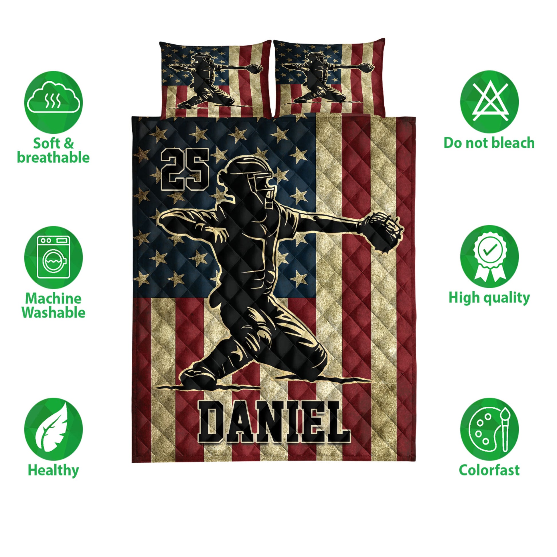 Patriotic baseball quilt bedding set with player artwork, star and stripe background, and coordinated pillow covers