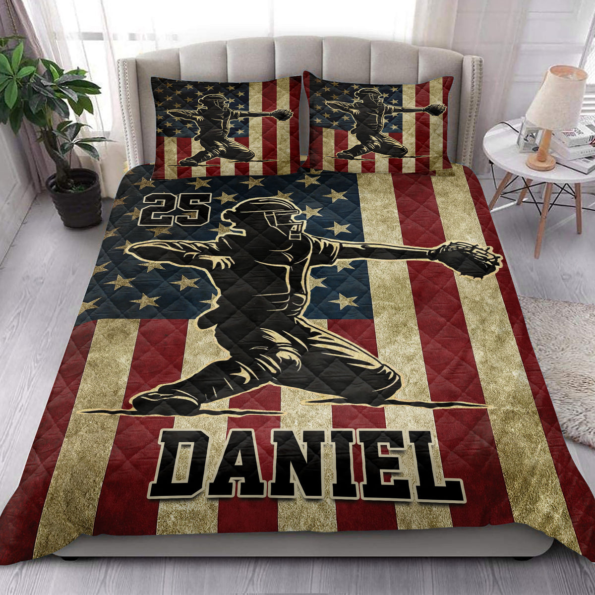 Patriotic baseball quilt bedding styled in a bright bedroom with player artwork and red, white, and blue stripes