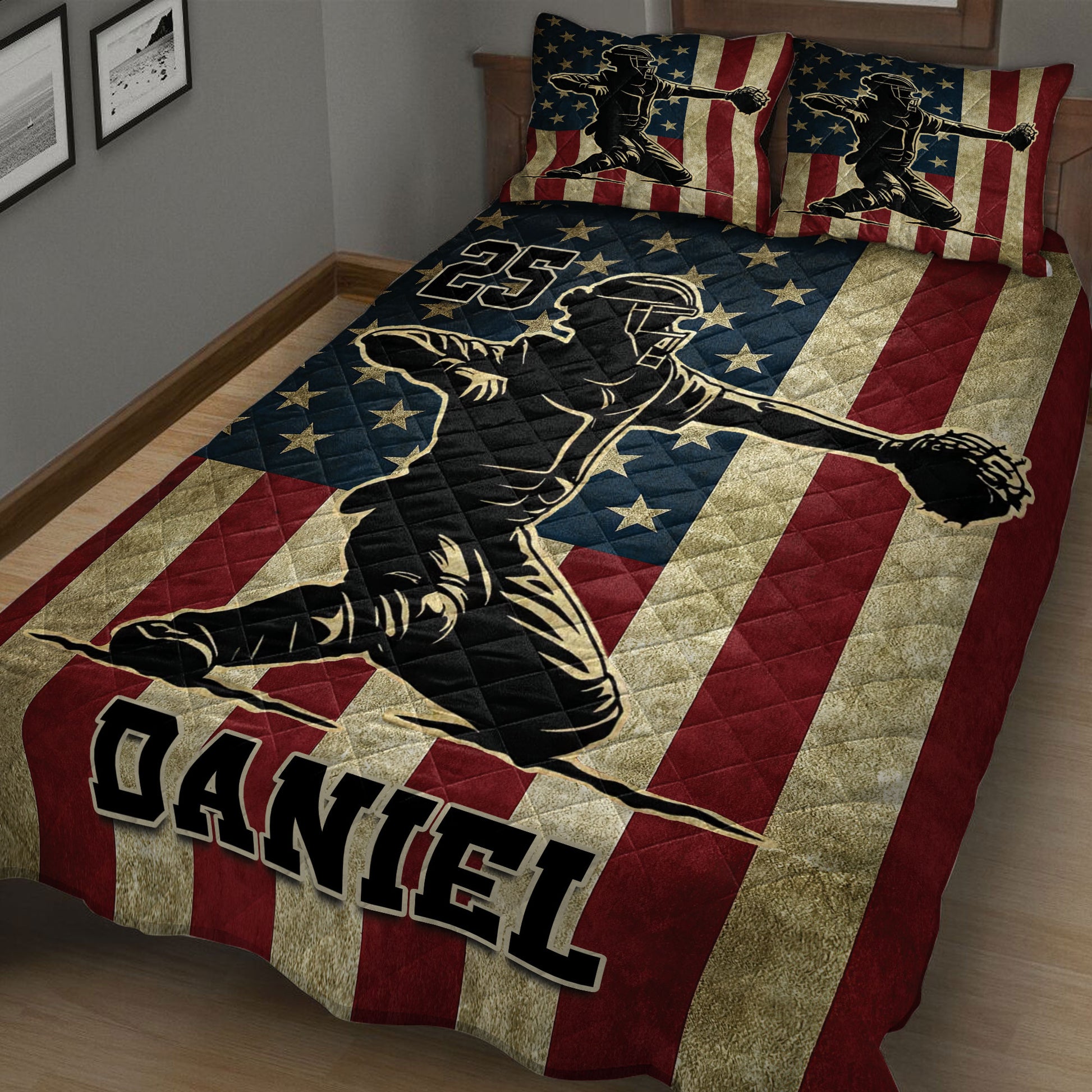Baseball quilt blanket shown from an angled bedroom view with large player artwork, stars, and patriotic stripes