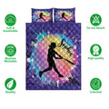 Softball quilt bedding set displayed with colorful batter artwork and product feature icons