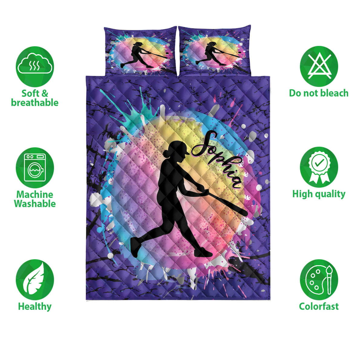 Softball quilt bedding set displayed with colorful batter artwork and product feature icons