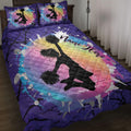Colorful cheerleading quilt blanket displayed on a bed with cheerleader silhouettes and pom-poms