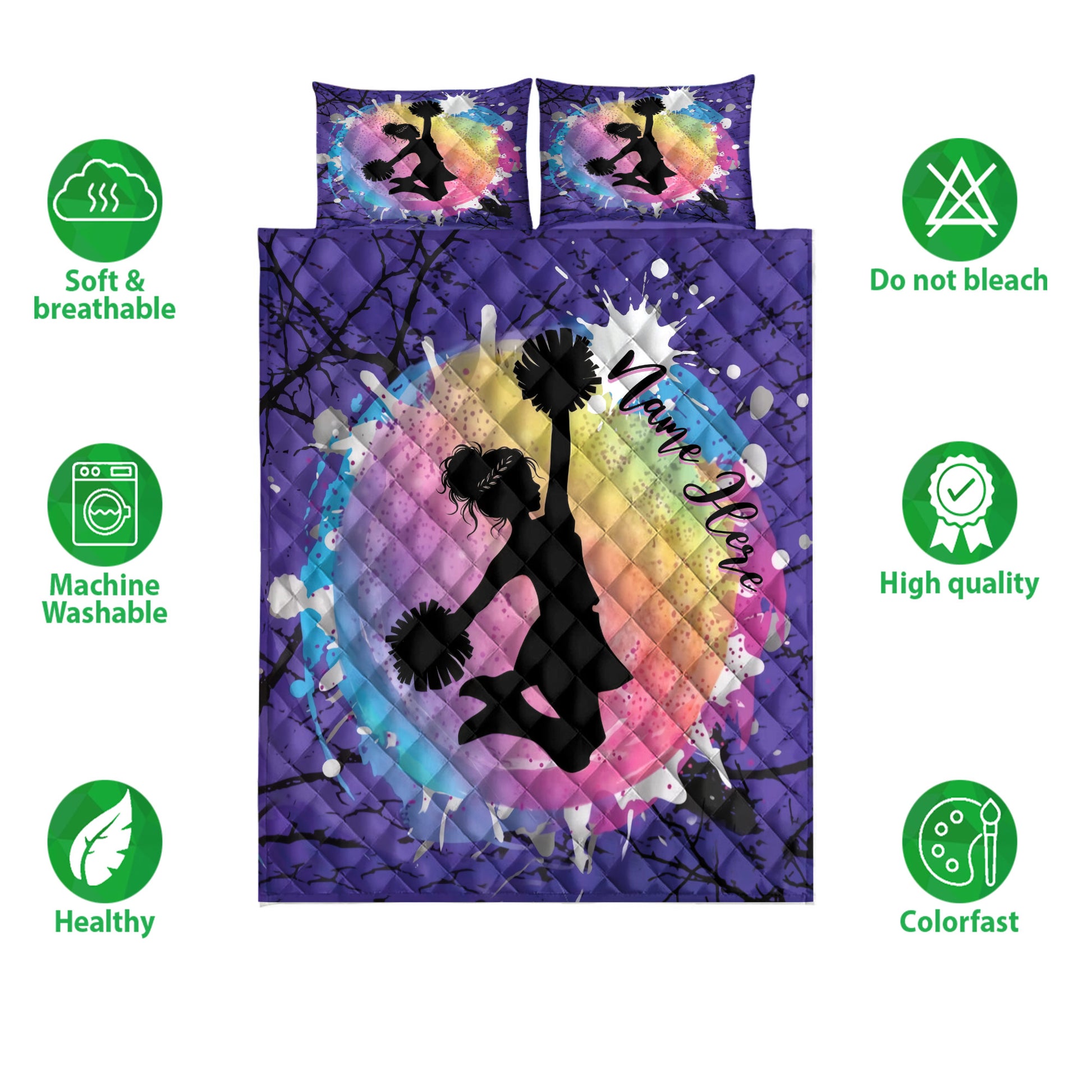 Cheerleading quilt bedding set with vibrant silhouette artwork and product feature icons