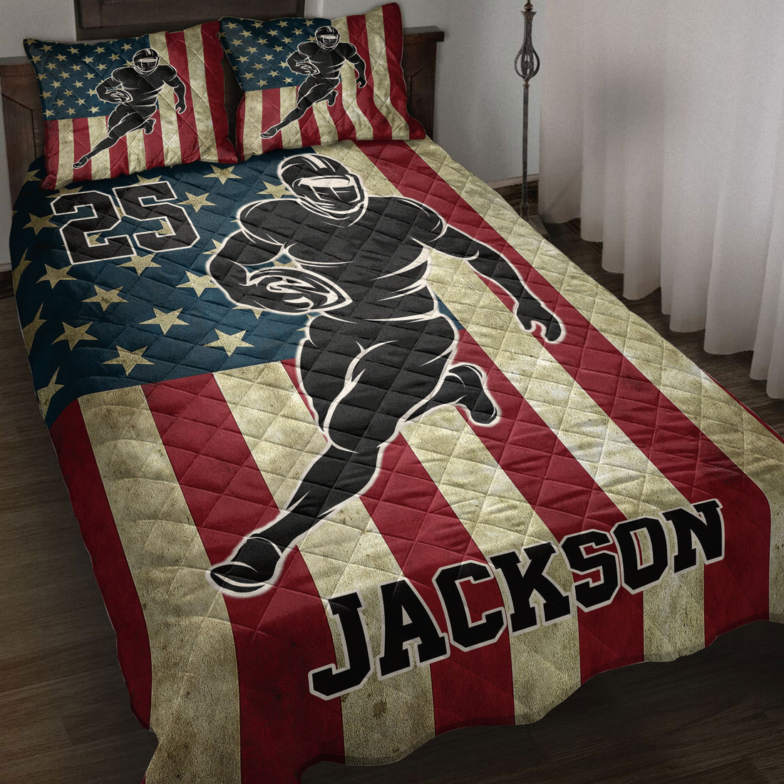 Football quilt bedding set displayed on a bed with patriotic stars, stripes, and running player artwork