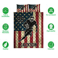 Football quilt bed set with patriotic flag artwork, running player illustration, and product feature icons