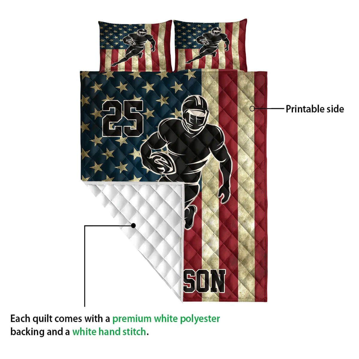 Football quilt showing the printed front, white quilted backing, and patriotic player design