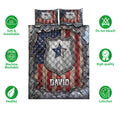 Police quilt bedding design with badge artwork, patriotic colors, and feature icons around the set