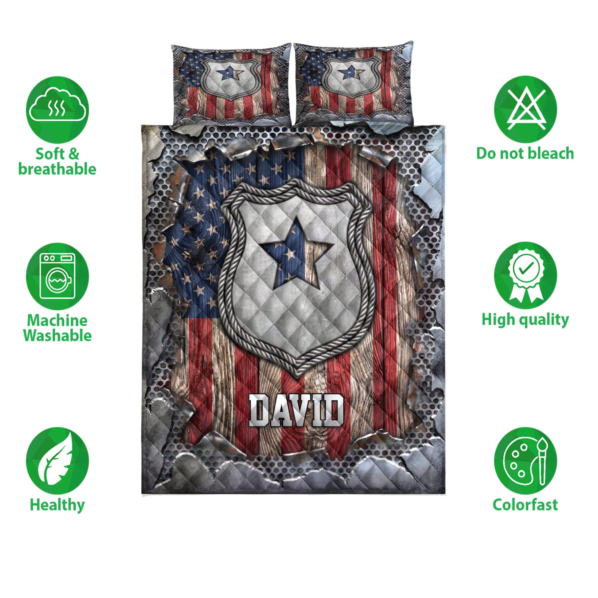 Police quilt bedding design with badge artwork, patriotic colors, and feature icons around the set