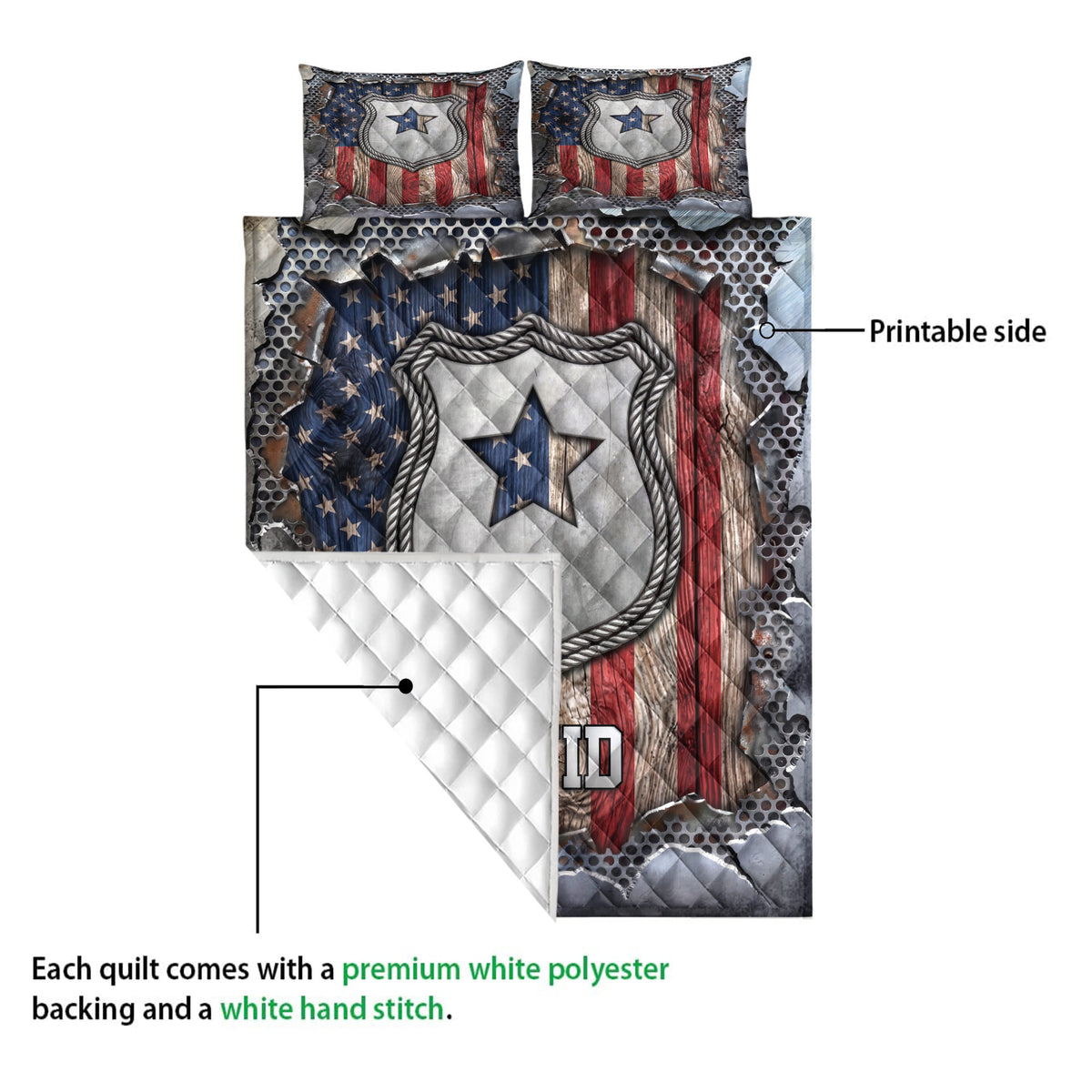 Police quilt blanket detail showing the printed front, white quilted backing, and badge artwork