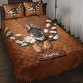 German Shepherd quilt blanket displayed on a bed with puppy portraits, daisies, and warm brown patchwork artwork