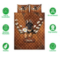 German Shepherd quilt bedding set shown with puppy artwork, daisy accents, and product feature icons