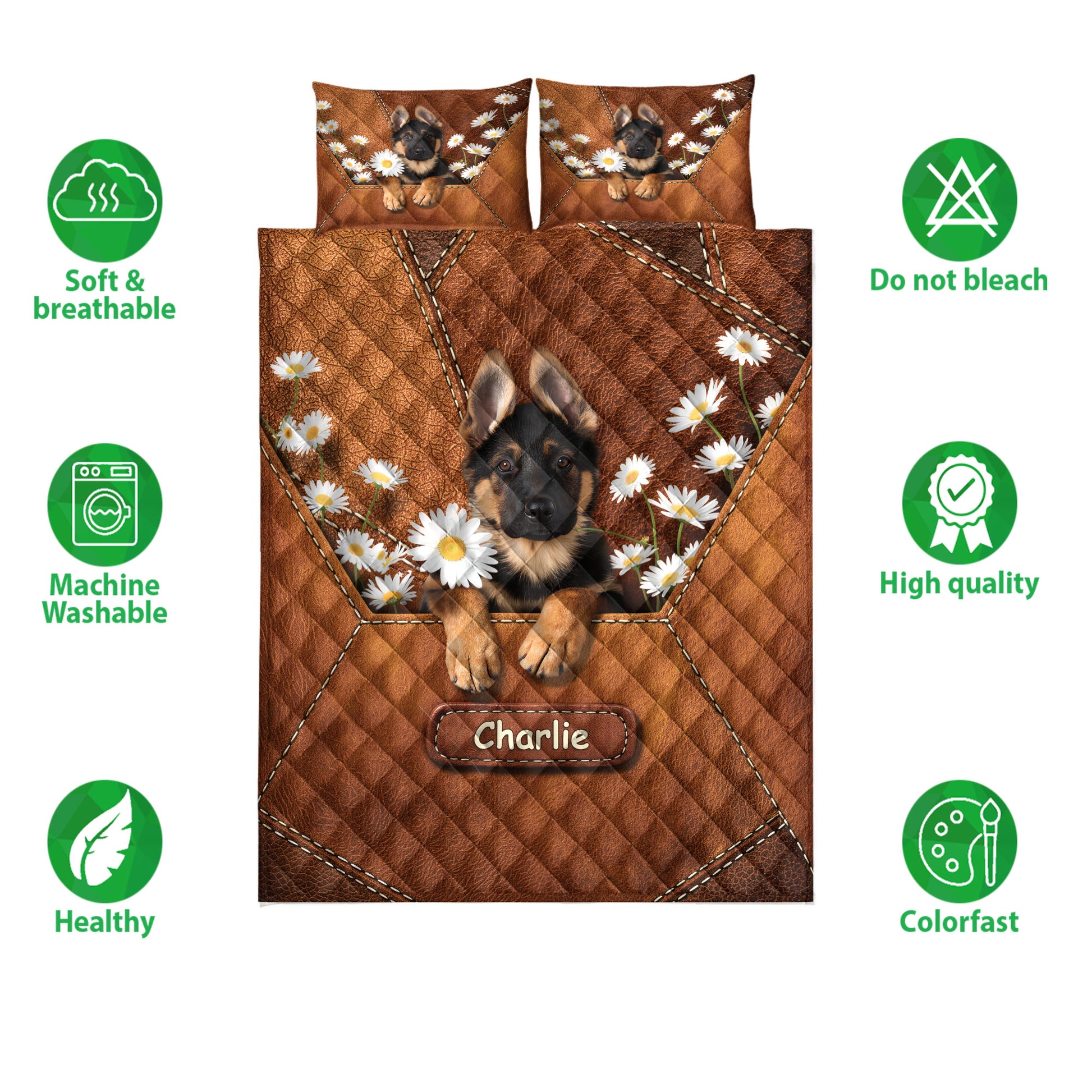 German Shepherd quilt bedding set shown with puppy artwork, daisy accents, and product feature icons