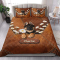German Shepherd quilt bedding set styled in a bright bedroom with puppy and daisy artwork