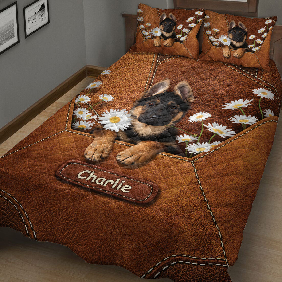 Close bedroom view of a German Shepherd quilt blanket with puppy artwork, daisies, and brown patchwork design