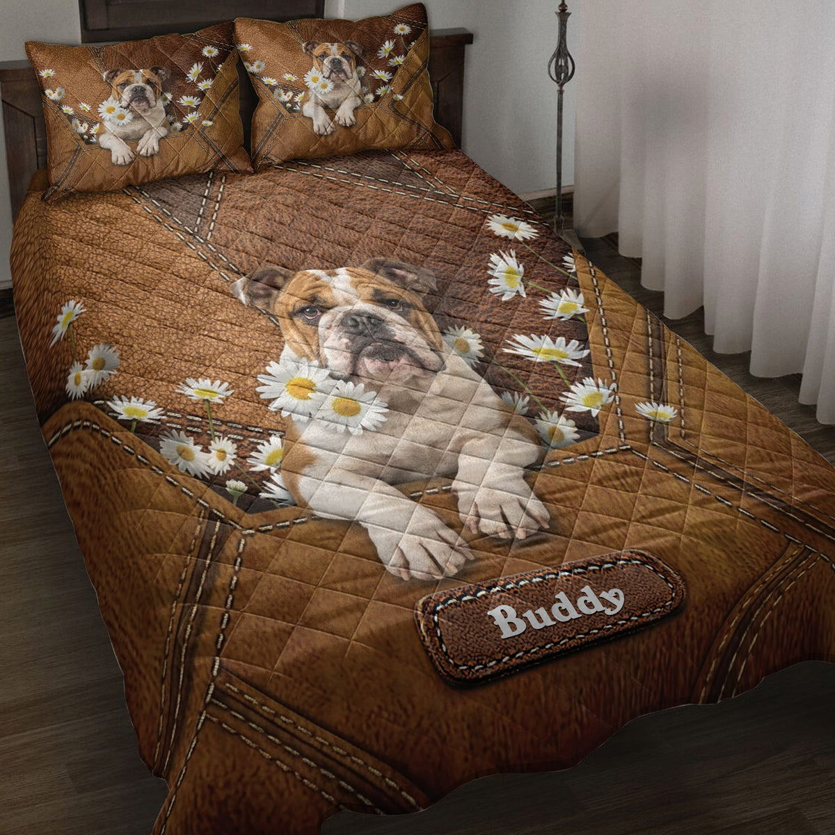 English Bulldog quilt blanket displayed on a bed with daisies and rustic brown stitched artwork