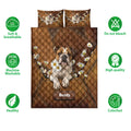 English Bulldog quilt bedding design shown with care and quality feature icons