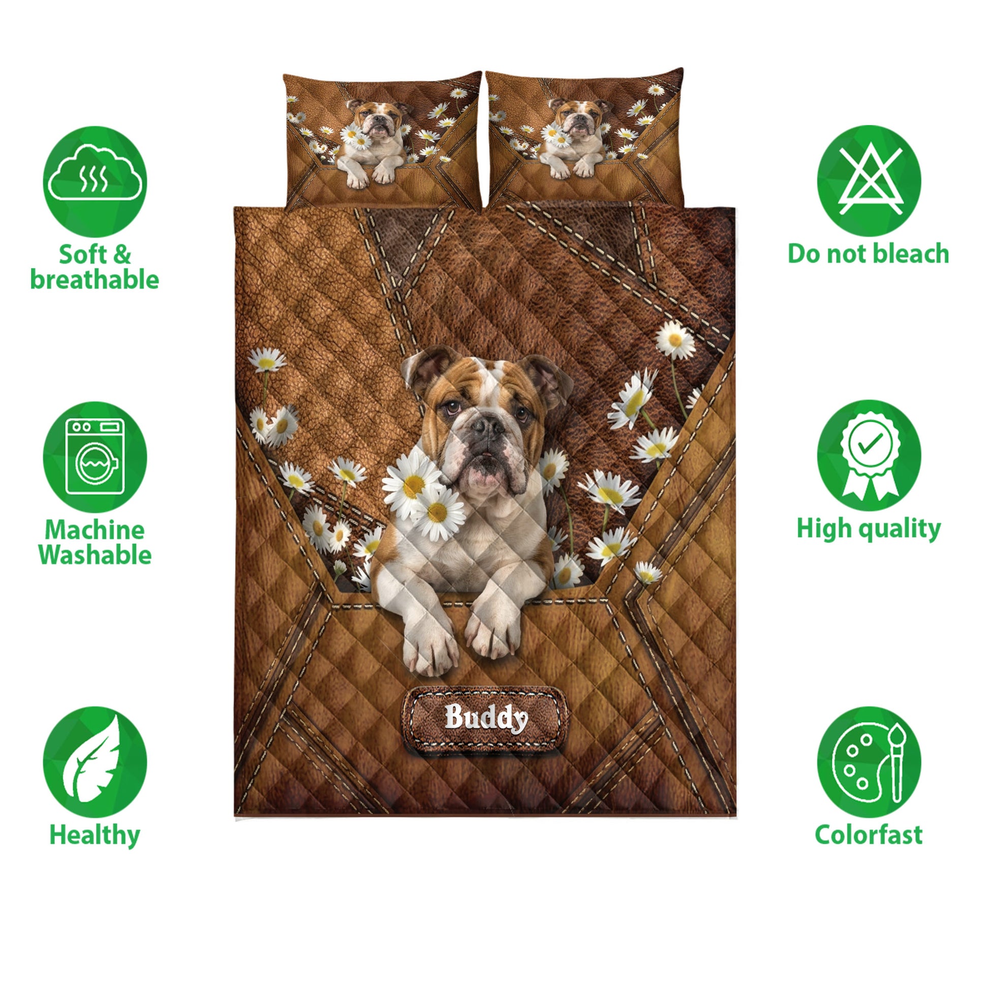 English Bulldog quilt bedding design shown with care and quality feature icons