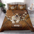 English Bulldog quilt blanket styled in a bright bedroom with daisy artwork