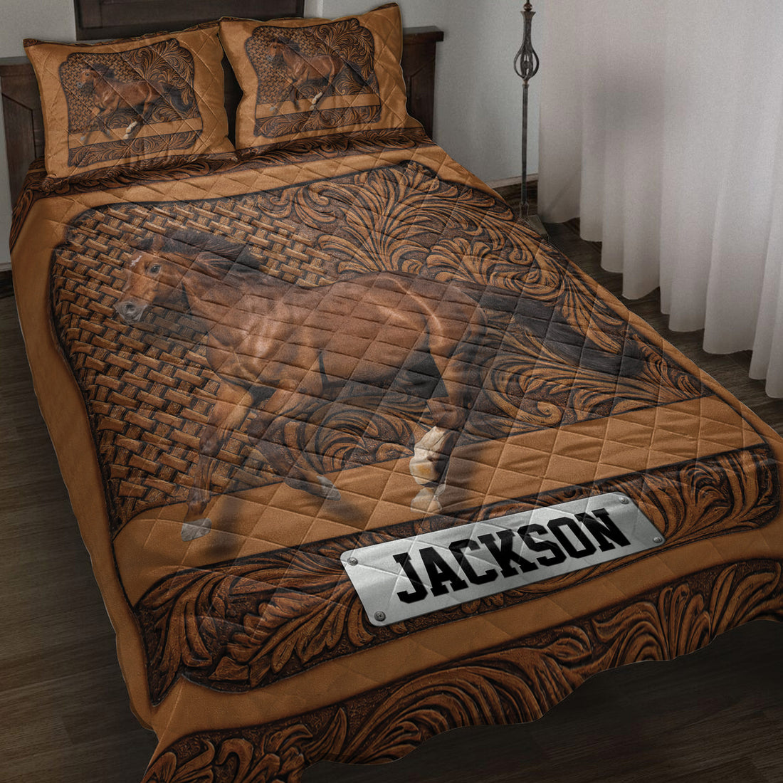 Horse quilt blanket in a warm brown bedroom setting with ornate western-inspired artwork