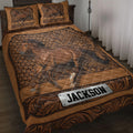 Horse quilt blanket in a warm brown bedroom setting with ornate western-inspired artwork