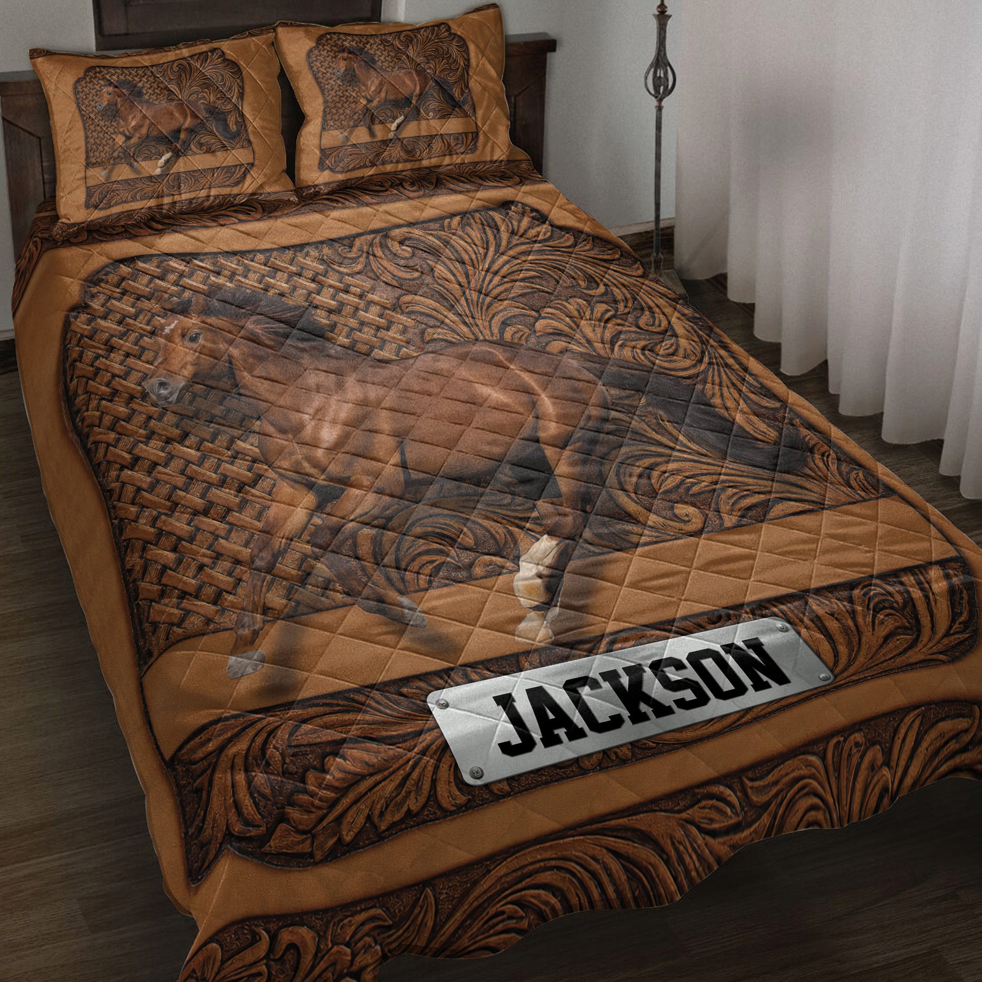 Horse quilt blanket in a warm brown bedroom setting with ornate western-inspired artwork