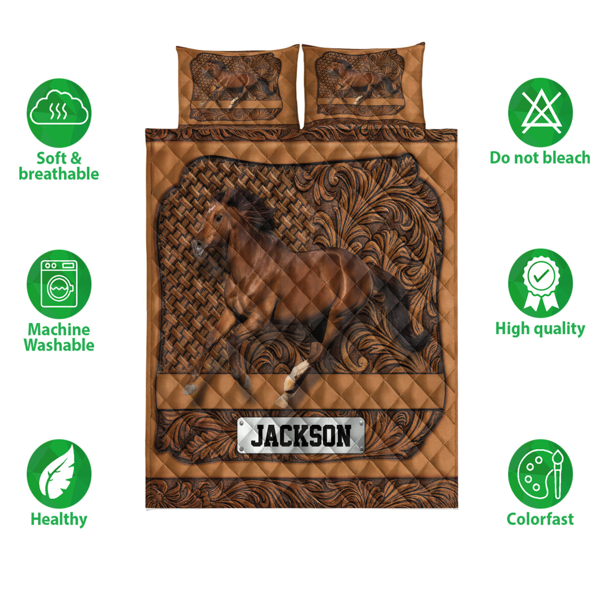 Horse quilt bedding set front view with detailed equine artwork and brown decorative patterns
