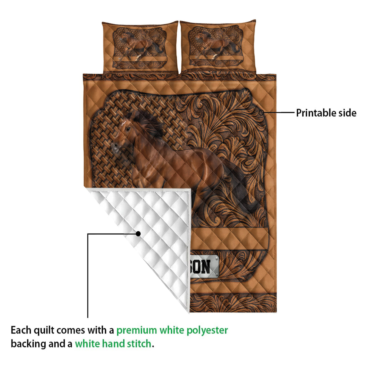 Horse quilt blanket detail showing the printed front and white diamond-stitched backing