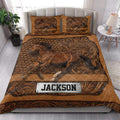 Horse quilt bedding styled on a bright bedroom with a detailed brown equestrian design