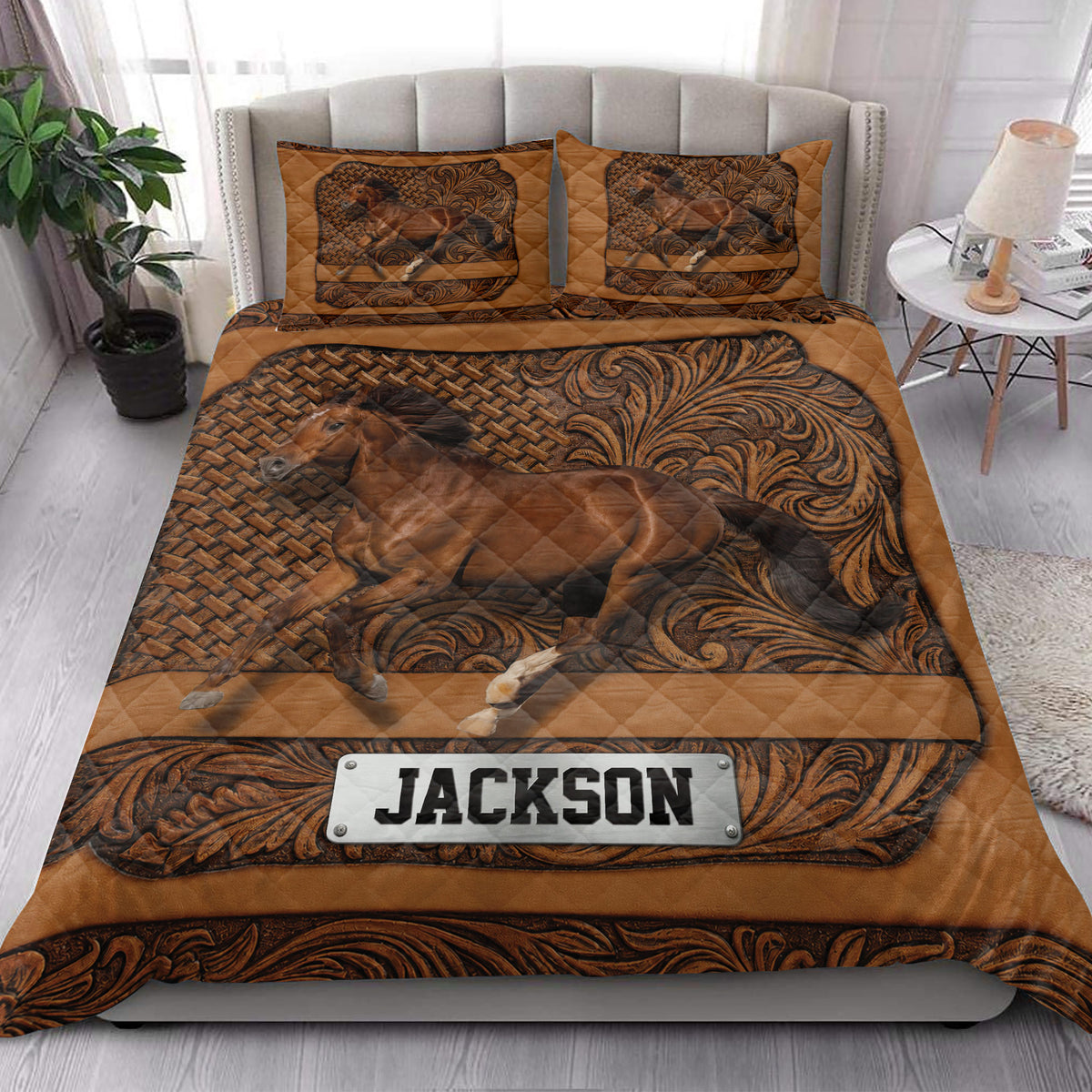 Horse quilt bedding styled on a bright bedroom with a detailed brown equestrian design