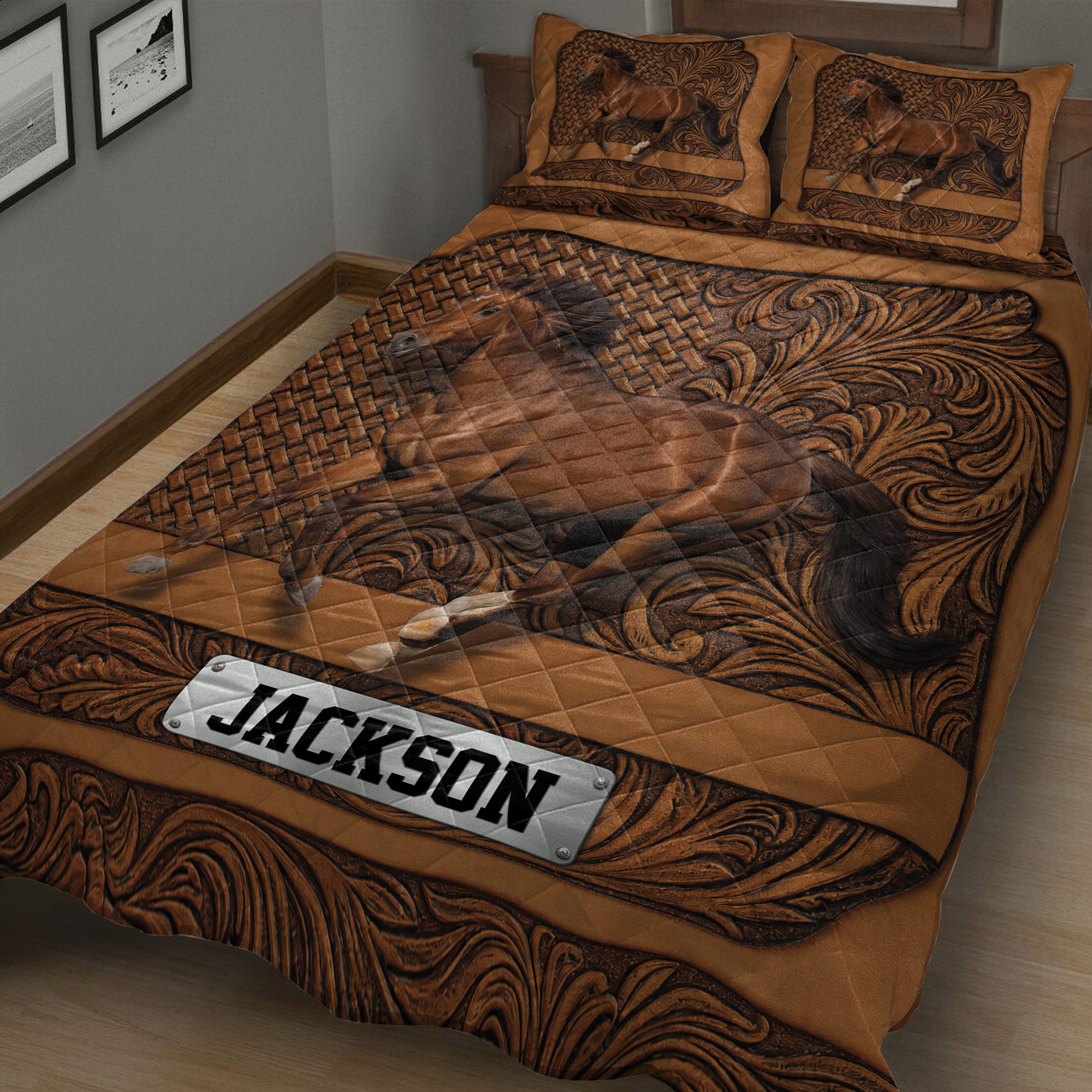 Close angled view of a horse quilt blanket with ornate western-style brown artwork