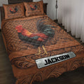 Rooster quilt blanket displayed on a bed with ornate brown farmhouse artwork and matching rooster pillow designs