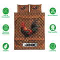 Rooster quilt bedding set shown with matching pillows and surrounding care, softness, and color quality icons