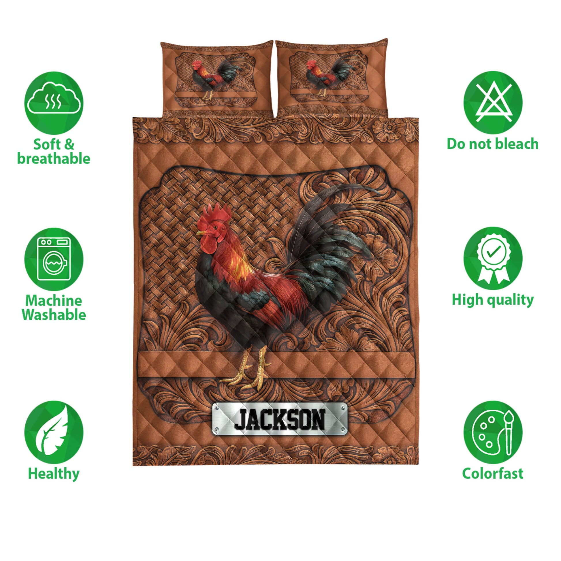 Rooster quilt bedding set shown with matching pillows and surrounding care, softness, and color quality icons